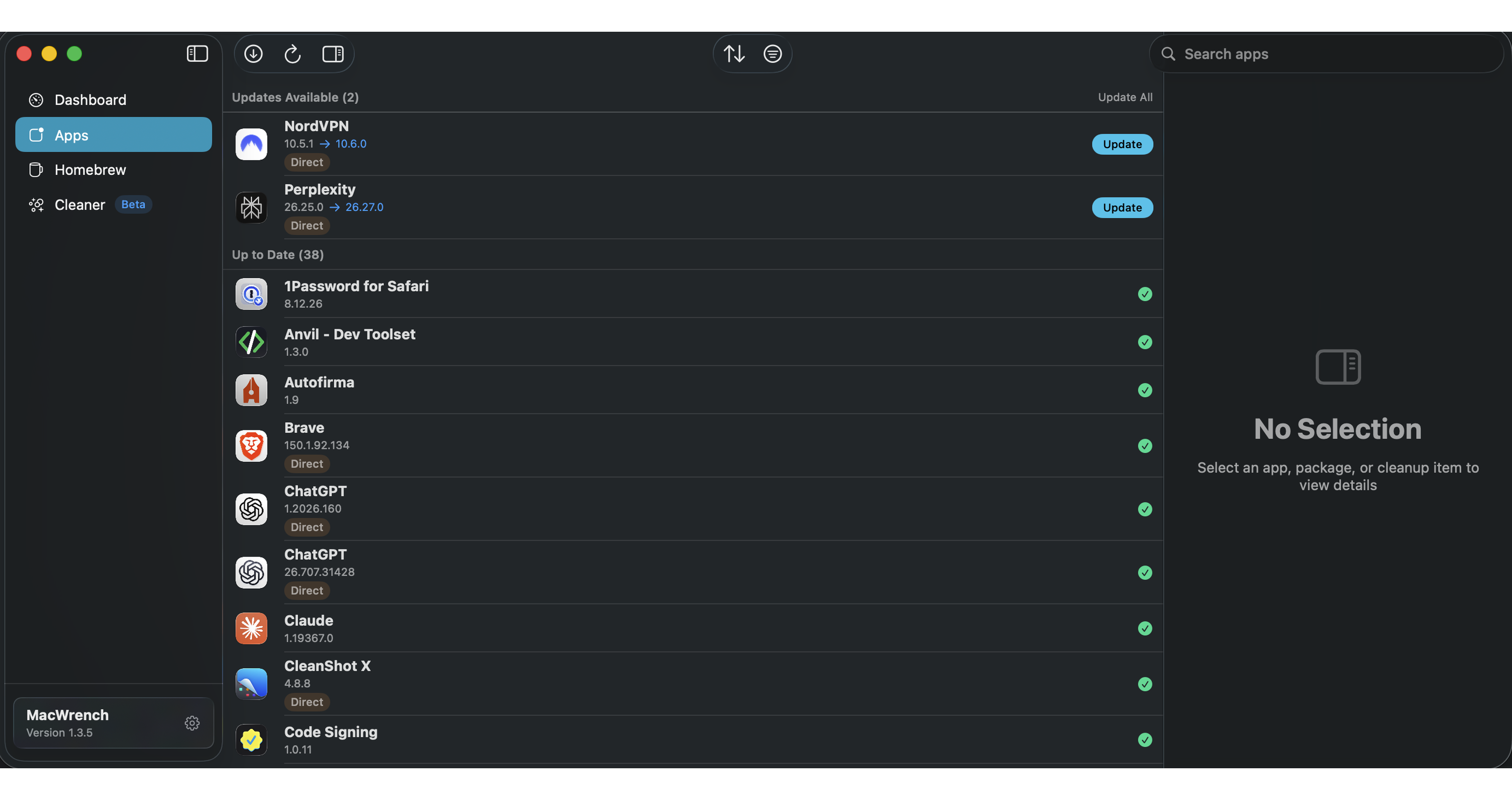 MacWrench Apps view in Carbon showing available and current application updates