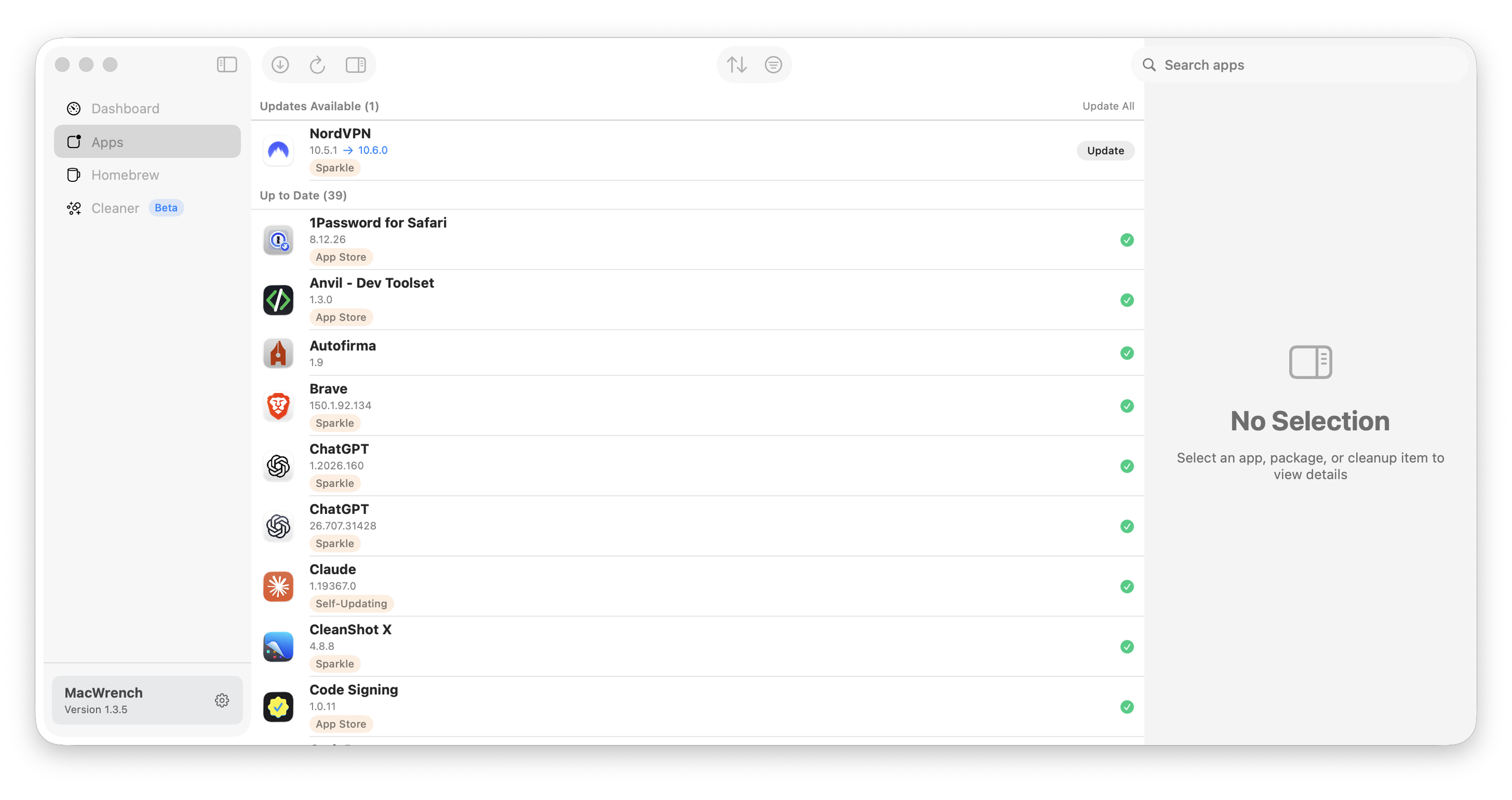 MacWrench Apps view in Titanium showing the same application update inventory