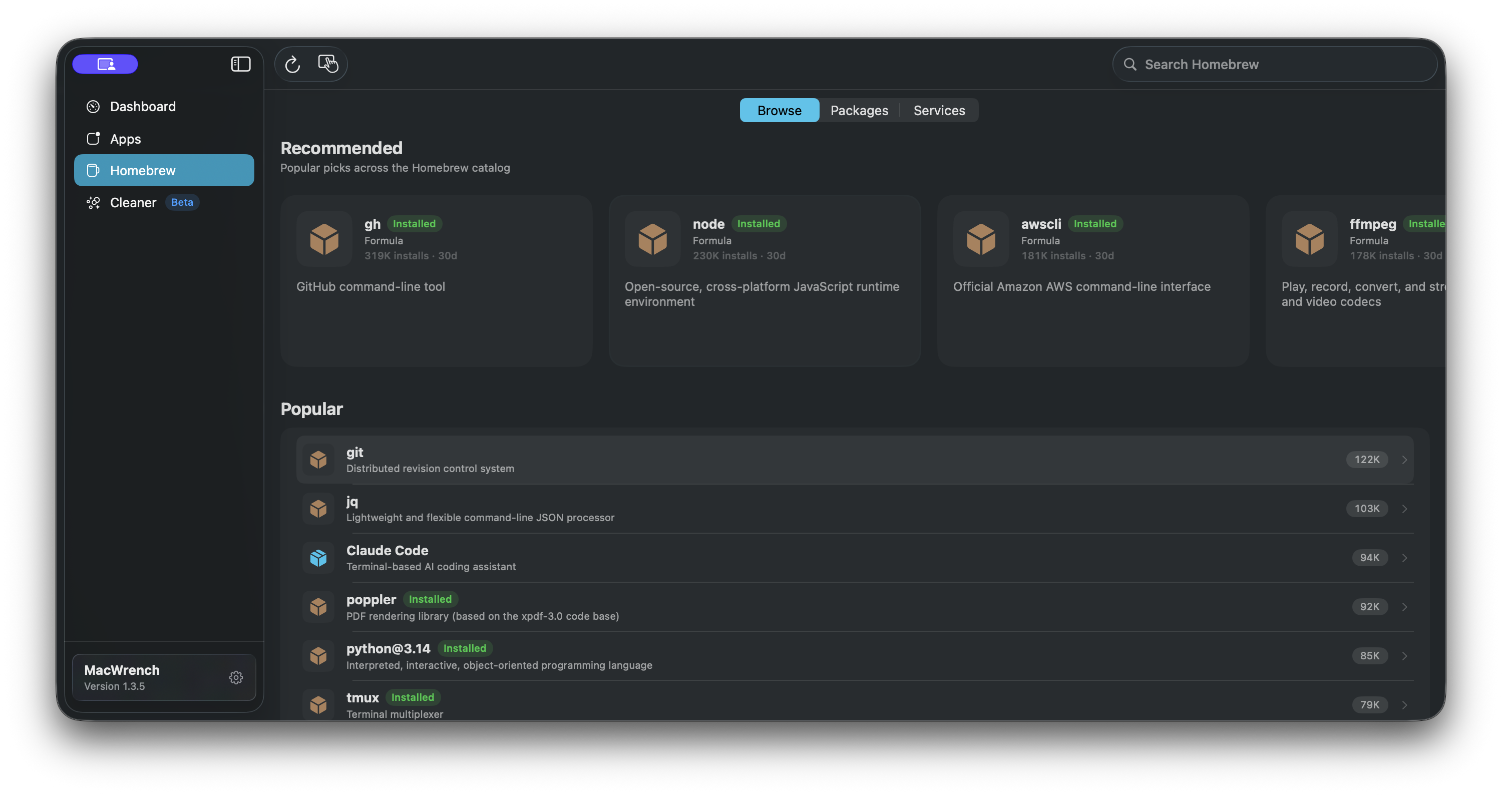MacWrench Homebrew Browse view in Carbon with recommended and popular packages