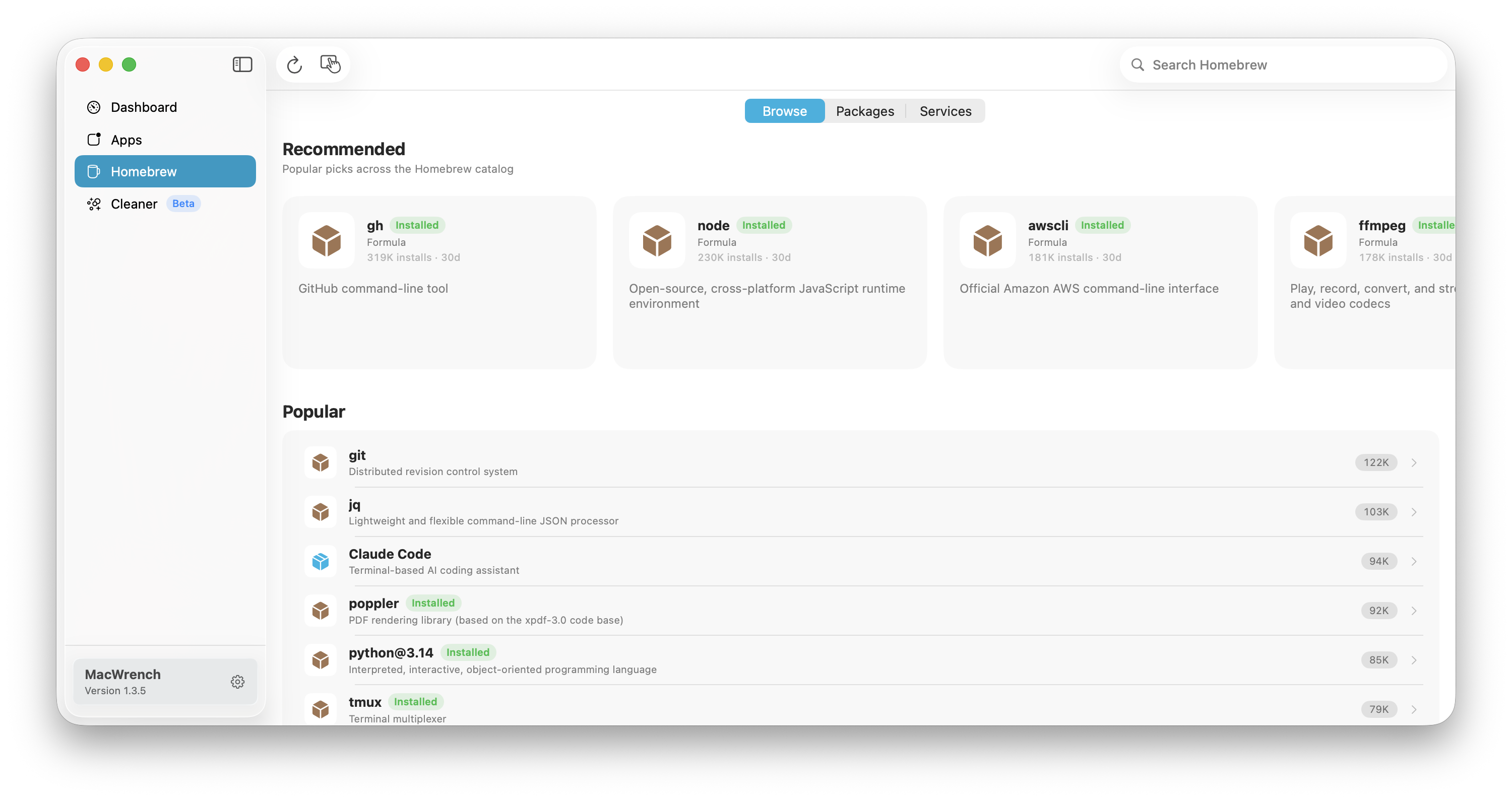 MacWrench Homebrew Browse view in Titanium with the same package inventory