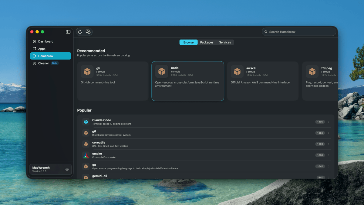 MacWrench 1.3.0 Homebrew tab showing the redesigned Browse view with a Recommended carousel of popular casks and a Popular vertical list