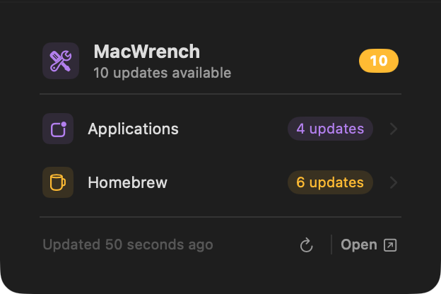 MacWrench Menu Bar widget showing 10 pending updates split between Applications and Homebrew